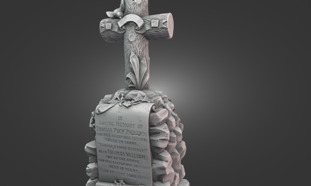 Using the Creality Otter Lite to 3D scan the Victorian tree stump gravestone outdoors.